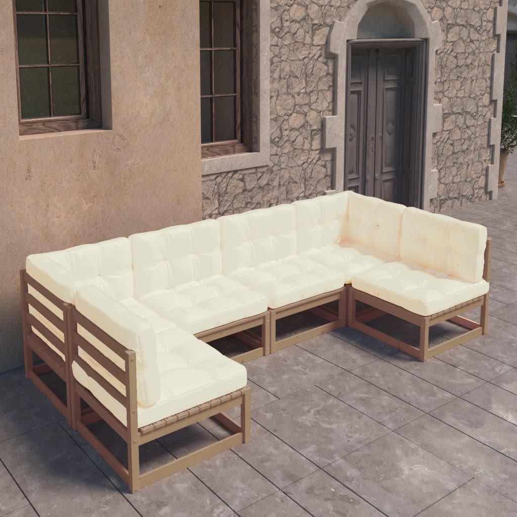 6-tlg. Garten-Lounge-Set Kissen Honigbraun Kiefer Massivholz